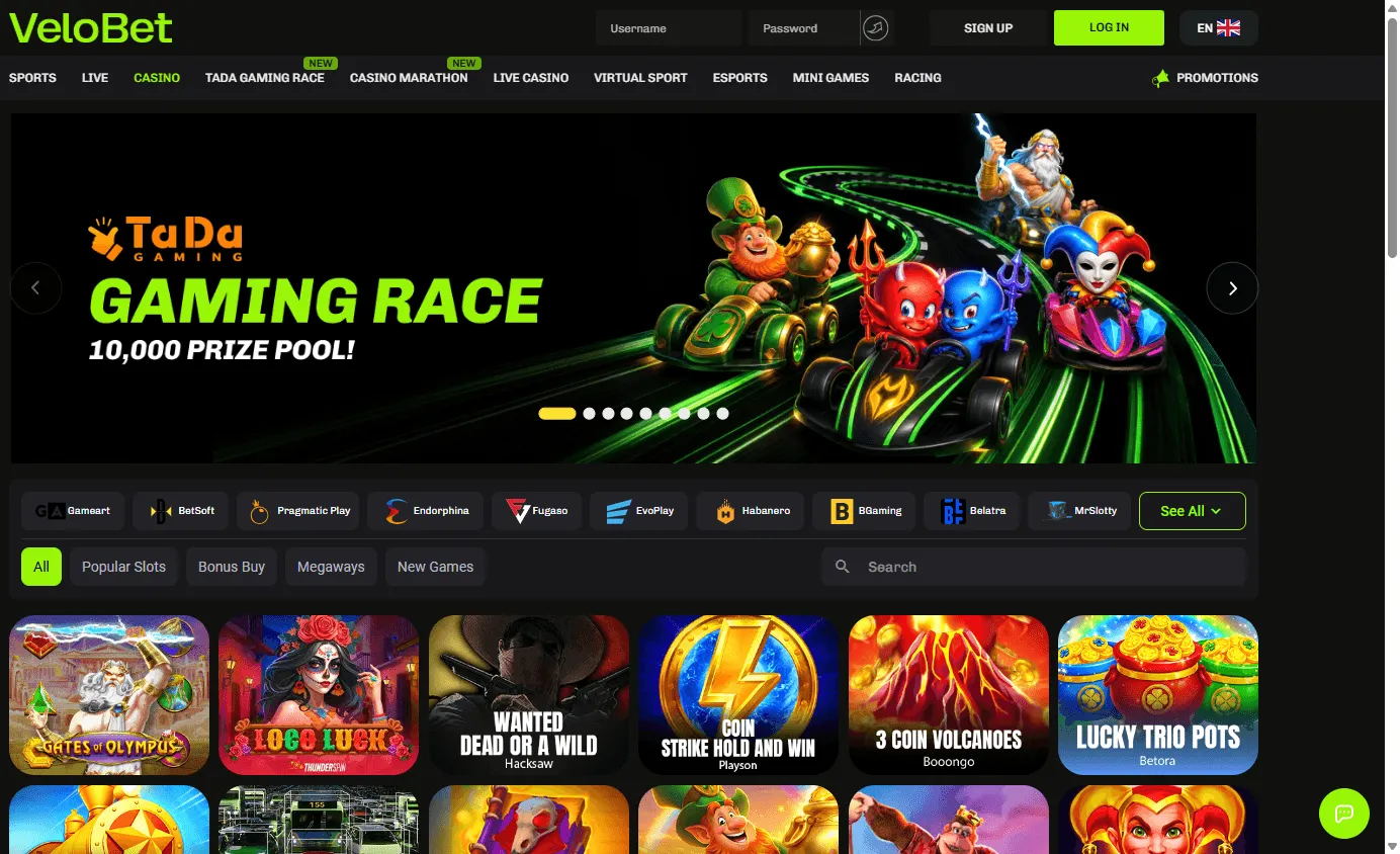 Velobet Casino desktop games area with pokies and casino categories