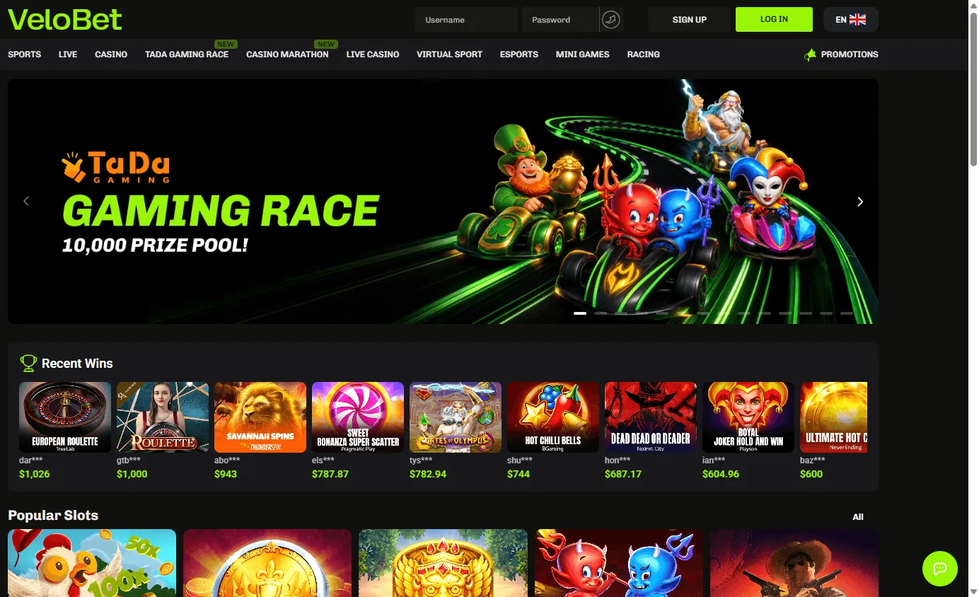 Velobet Casino desktop home screen with casino and betting services