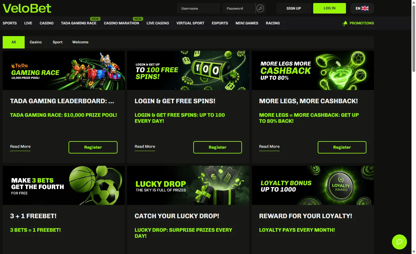 Velobet Casino desktop promotions area with bonus and tournament offers